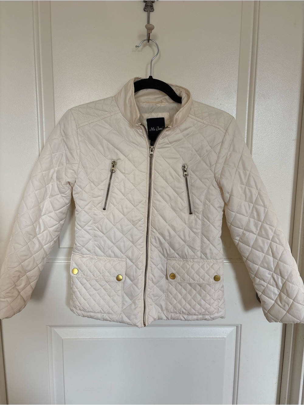 Me Jane Girls White Quilted Zip-Front Jacket with Gold Hardware